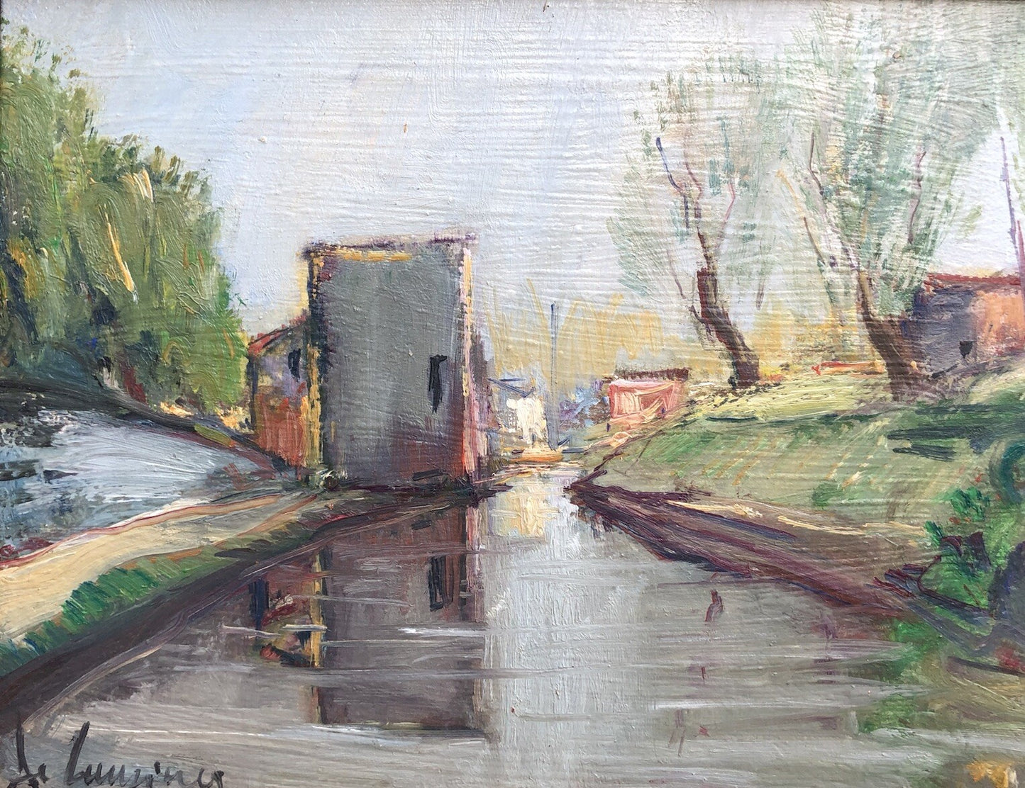Quadro vintage -Paesaggio Con Fiume- dipinto a olio