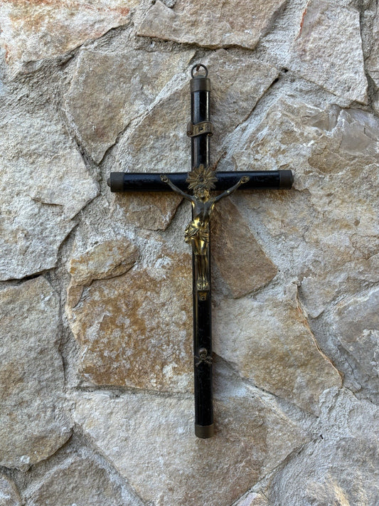 Crocifisso Vintage Con Memento Mori In Legno E Metallo