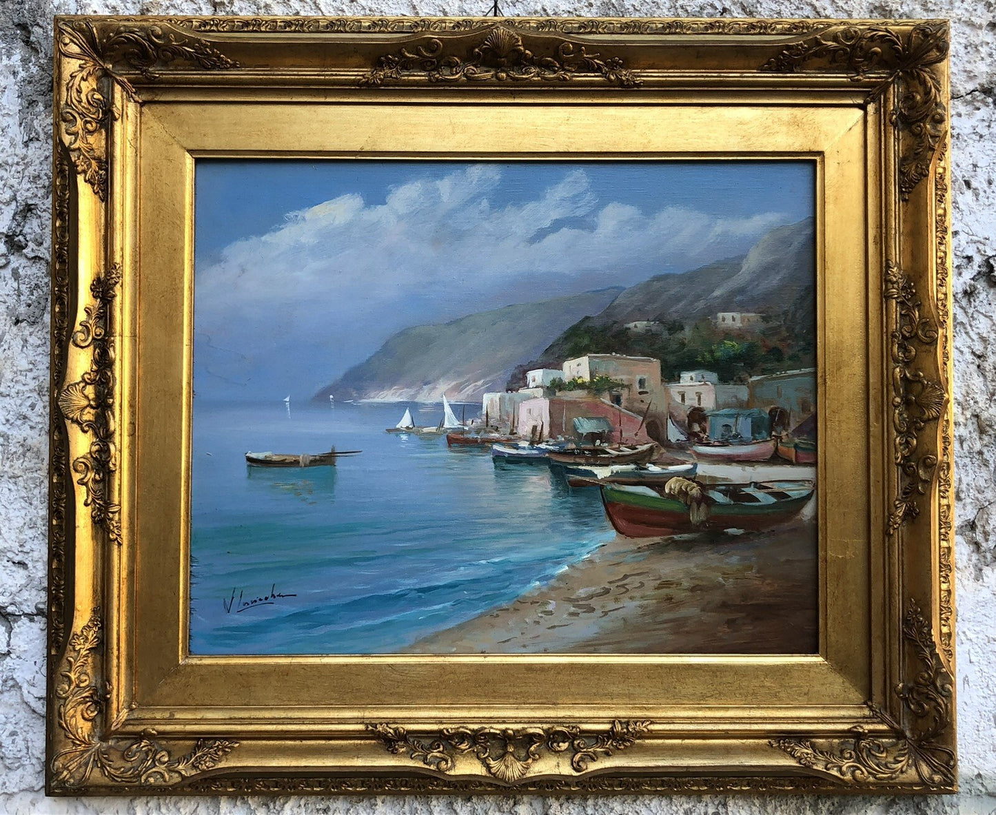 Quadro vintage -Marina Con Barche- dipinto a olio