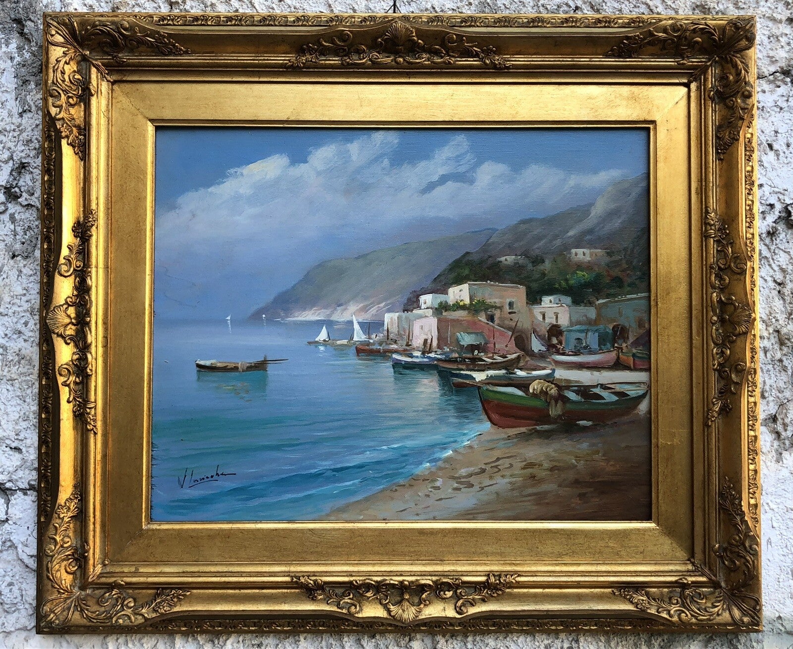 Quadro vintage -Marina Con Barche- dipinto a olio