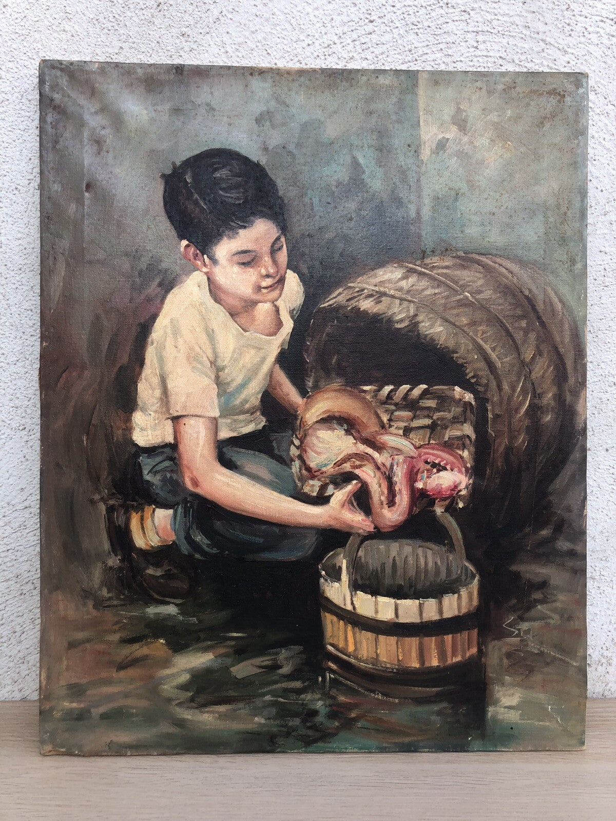 Quadro vintage -Pescivendolo- dipinto a olio su tela