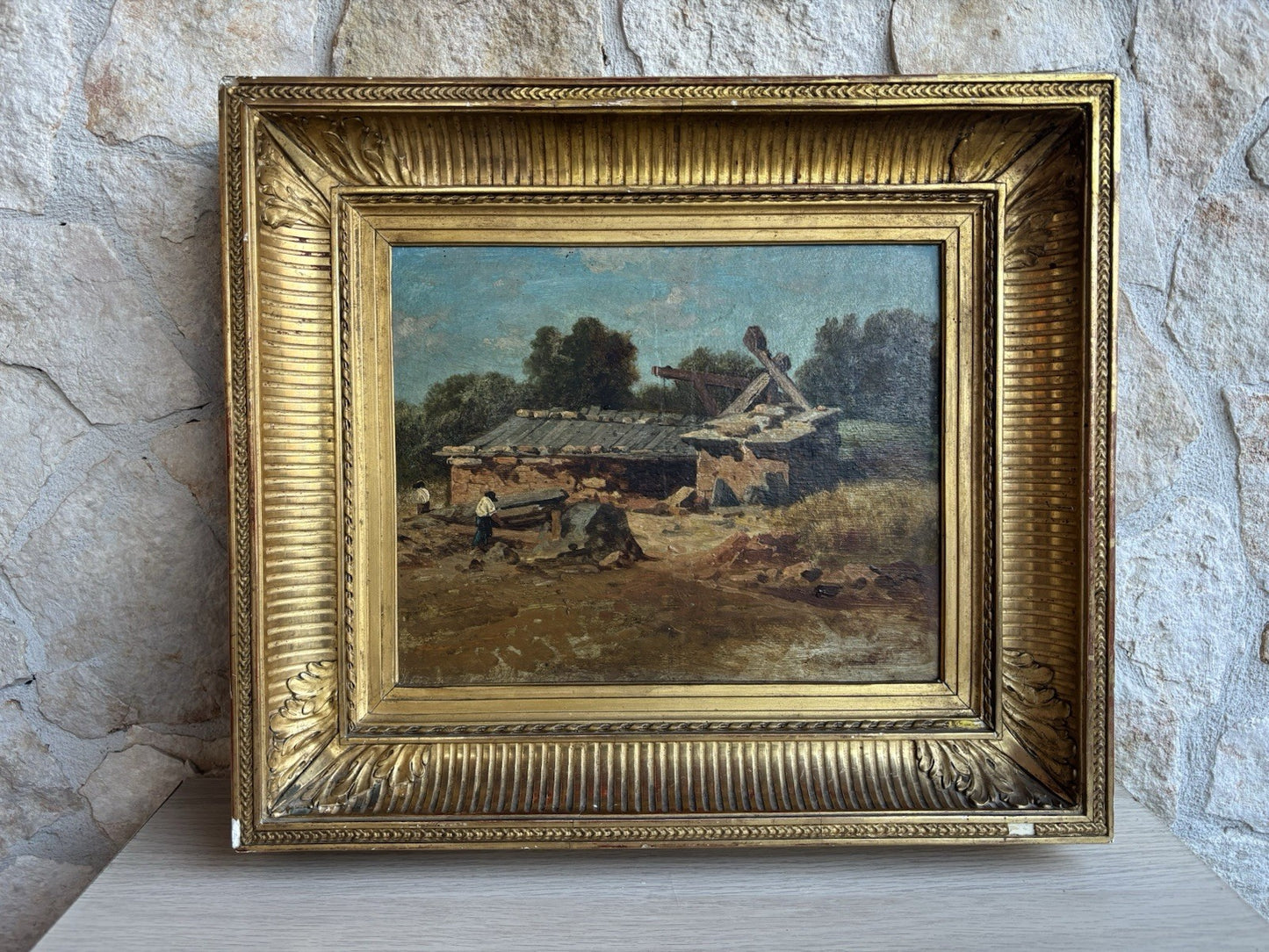 Quadro antico scuola francese -Paesaggio- dipinto a olio