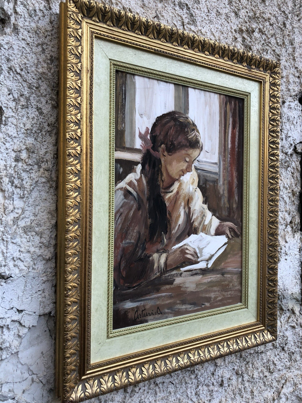 Quadro -Giovane Lettrice- Antonio Asturi tecnica mista su cartoncino