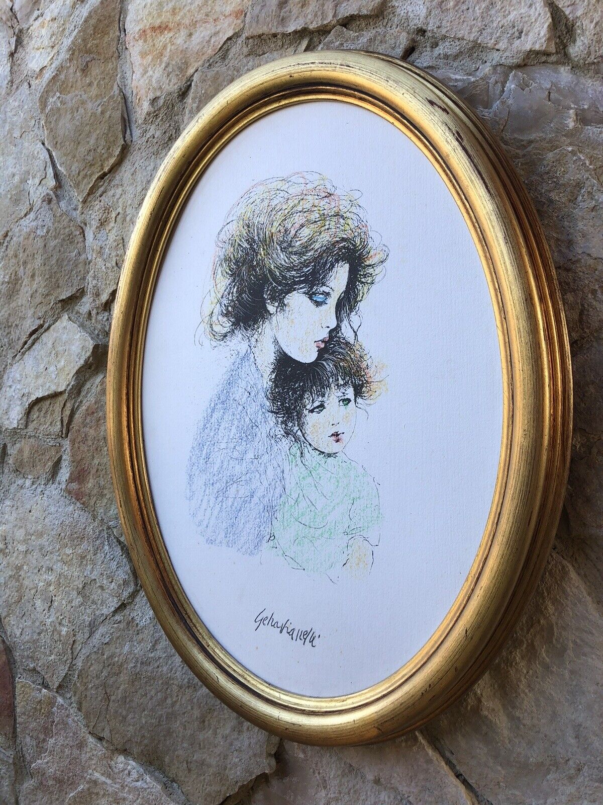 Quadro Vintage Dipinto A Tecnica Mista Su Carta -Maternità-