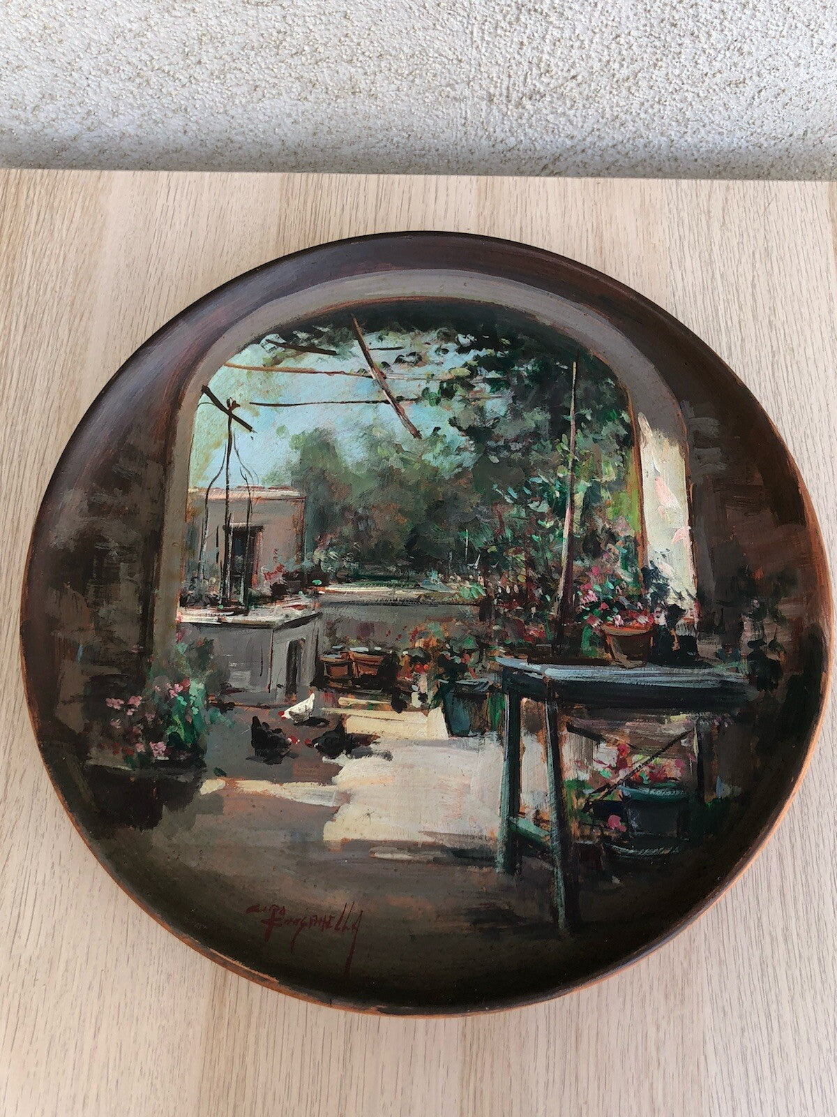 Piatto Vintage Dipinto A Olio su Terracotta