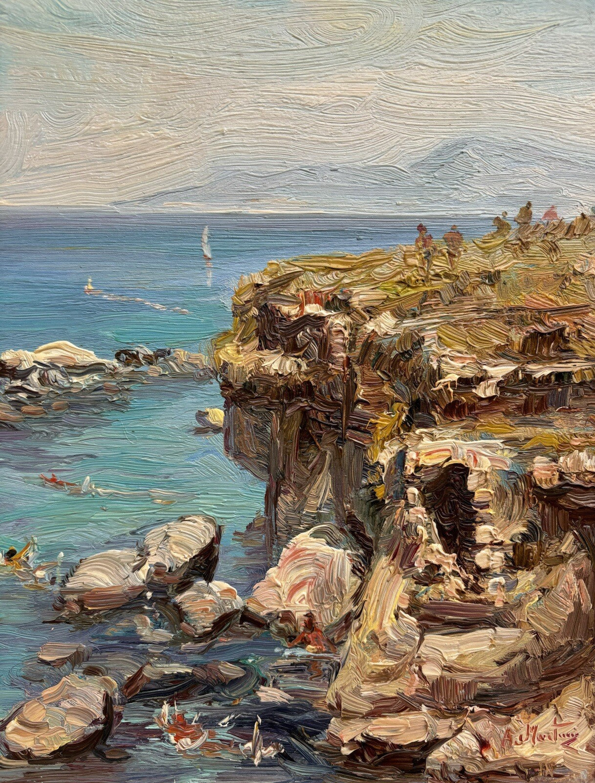 Quadro -Marina Con Bagnanti- dipinto a olio su tavoletta