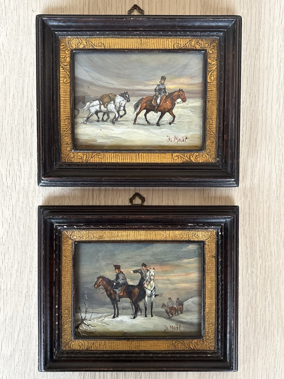 Coppia Di Quadri Vintage, Miniature Dipinte A Olio Su Rame