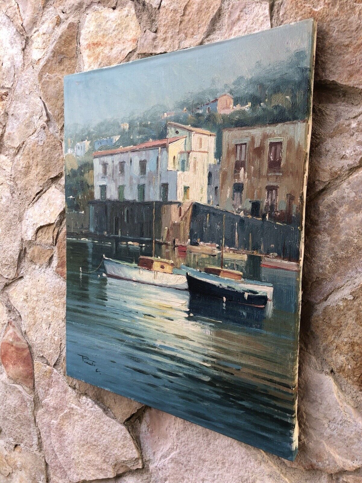 Quadro -Marina Con Barche- dipinto a olio su tela
