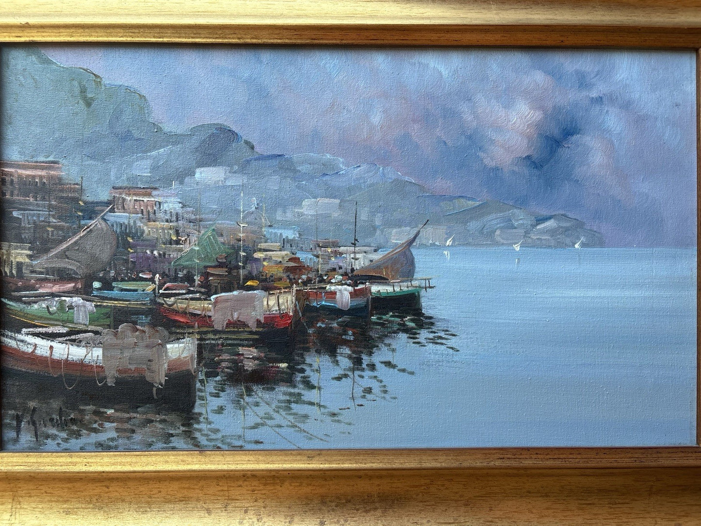 Quadro -Barche Al Porto- dipinto a olio su tela