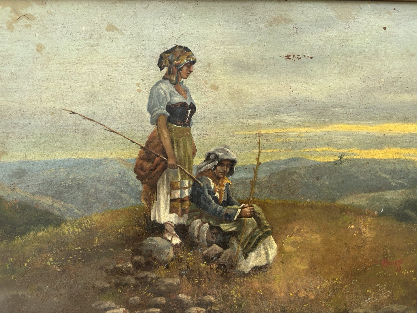 Quadro antico -Paesaggio Con Contadini- Stefano Bruzzi dipinto a olio