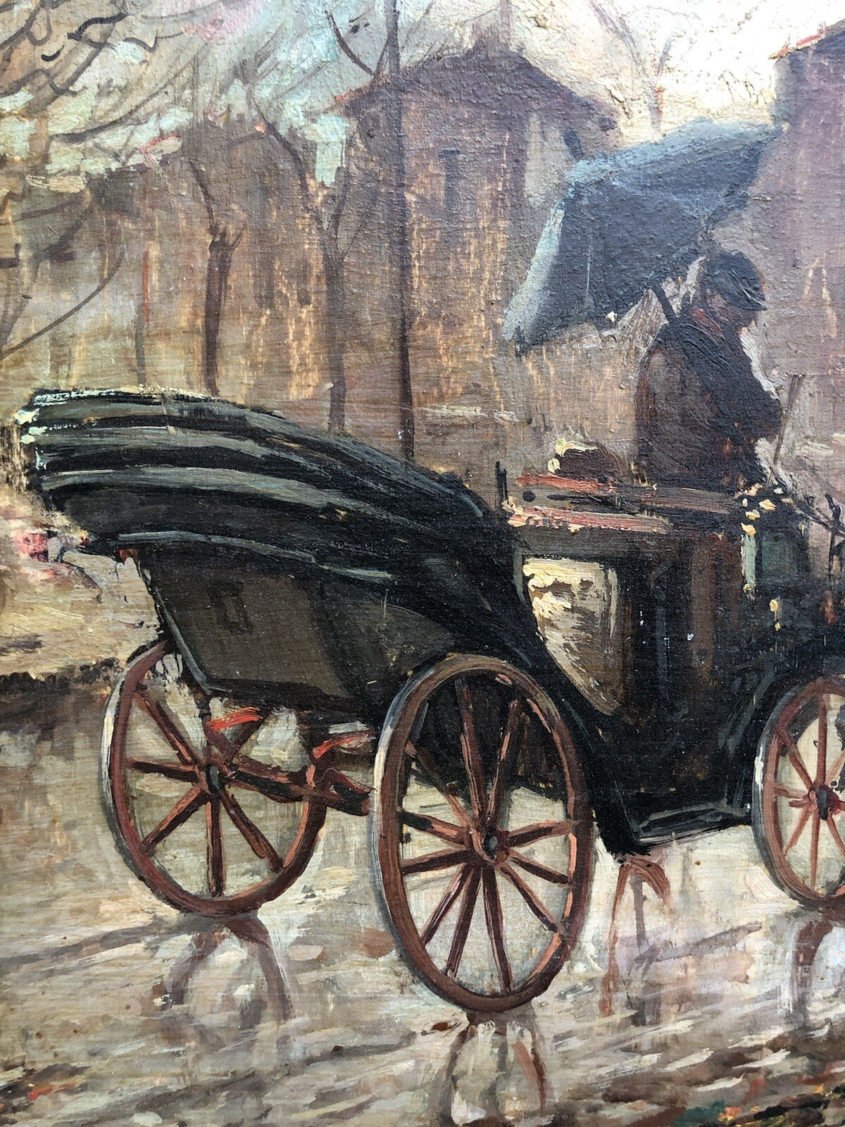 Quadro vintage -Carrozza Con Figure- dipinto a olio su tavoletta