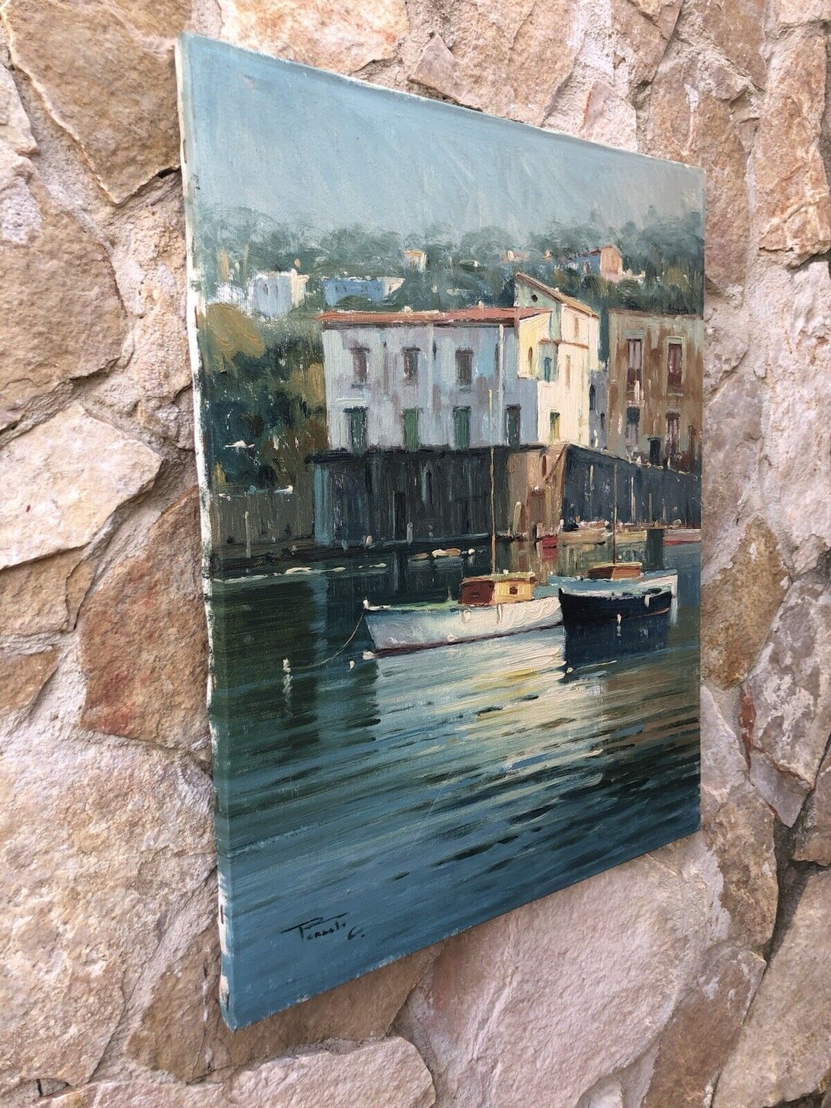 Quadro -Marina Con Barche- dipinto a olio su tela
