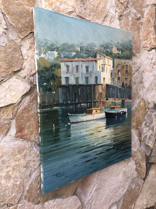Quadro -Marina Con Barche- dipinto a olio su tela