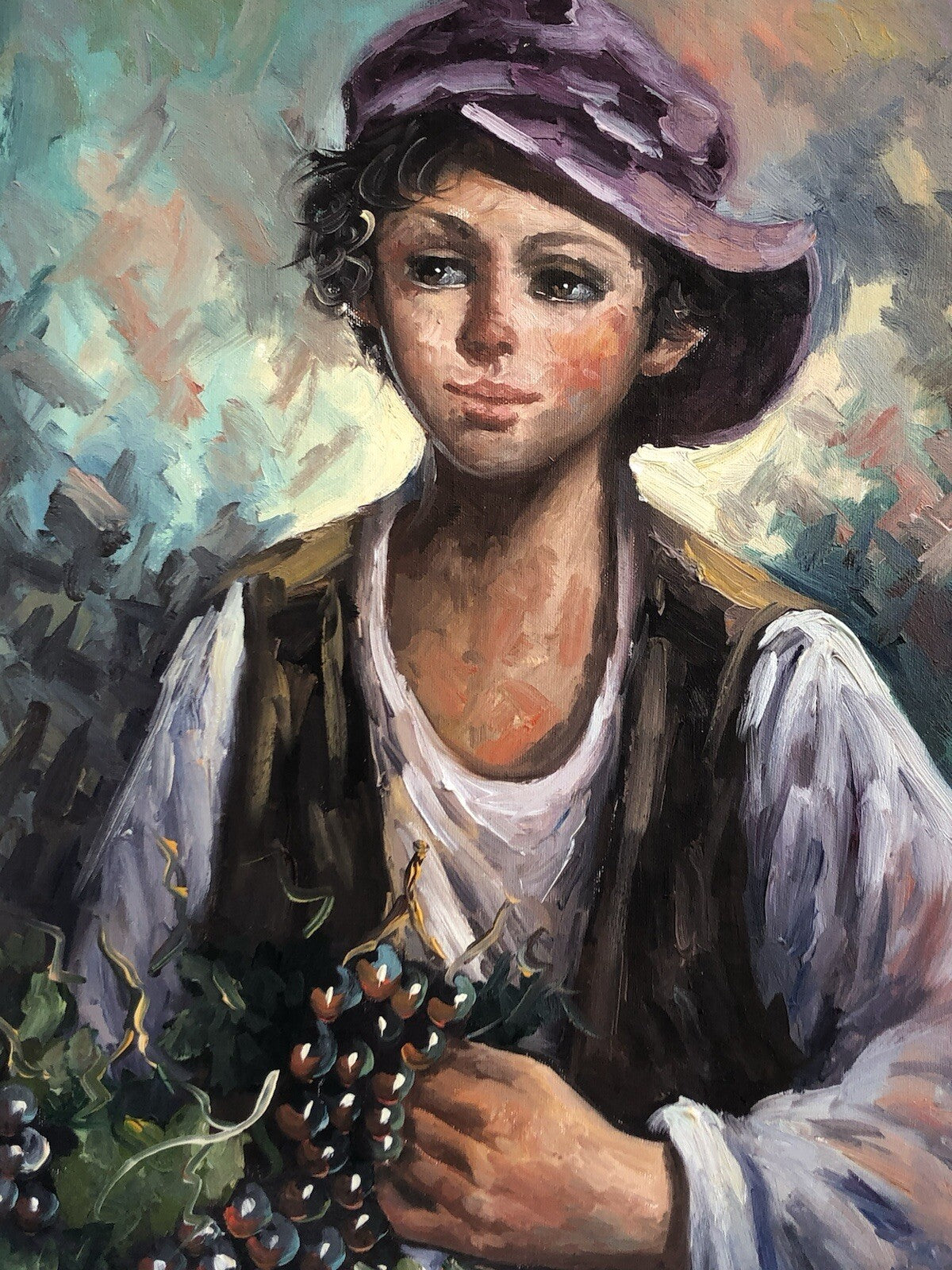 Quadro vintage -Ragazzo Con Frutta- dipinto a olio su tela