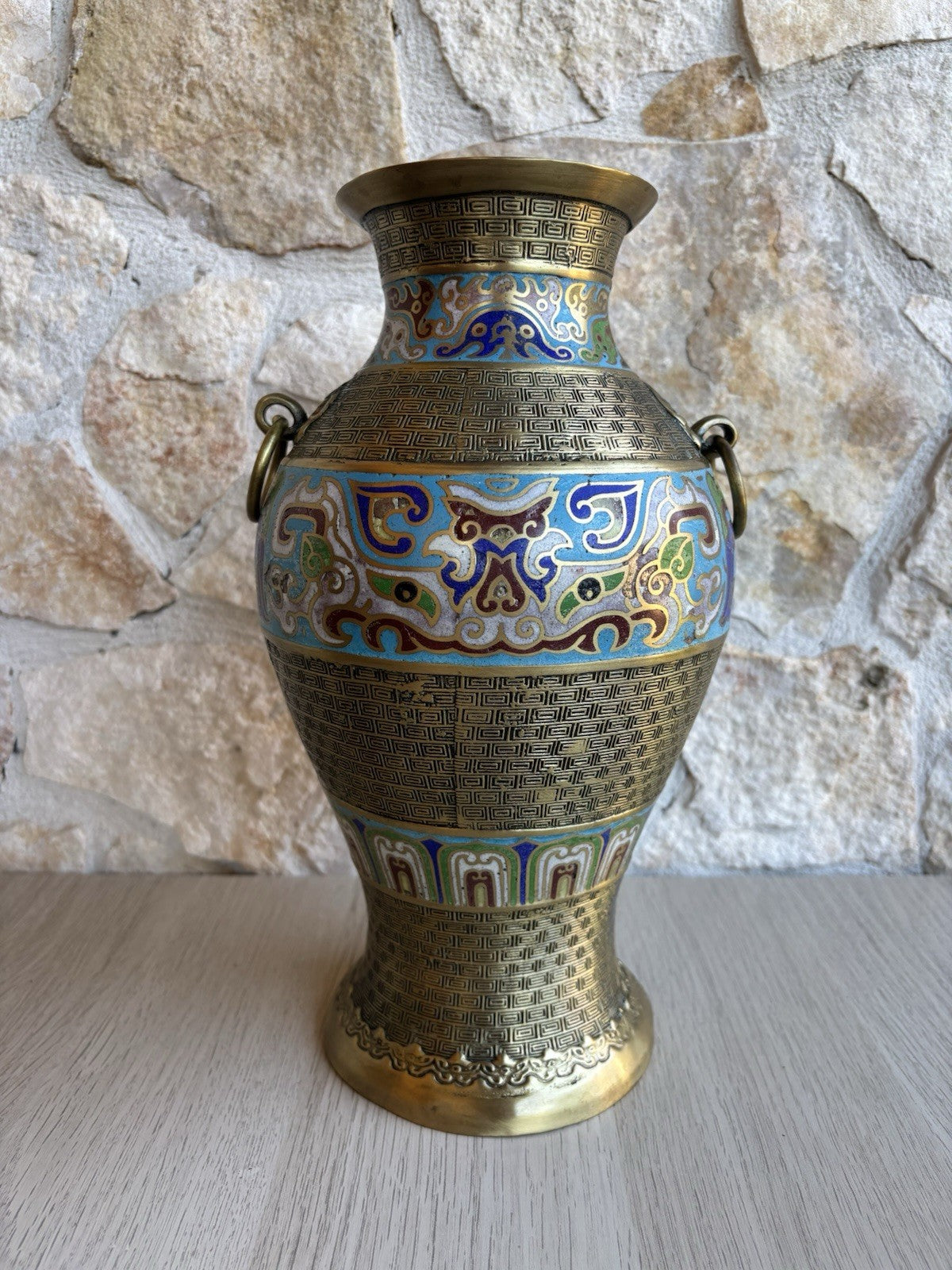 Vaso Vintage In Ottone E Smalto Cloisonnè