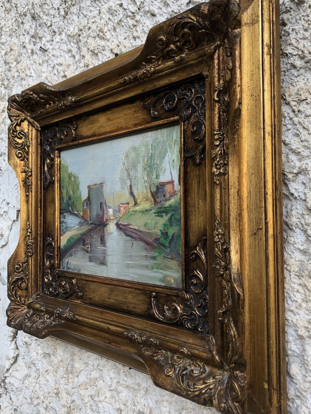 Quadro vintage -Paesaggio Con Fiume- dipinto a olio