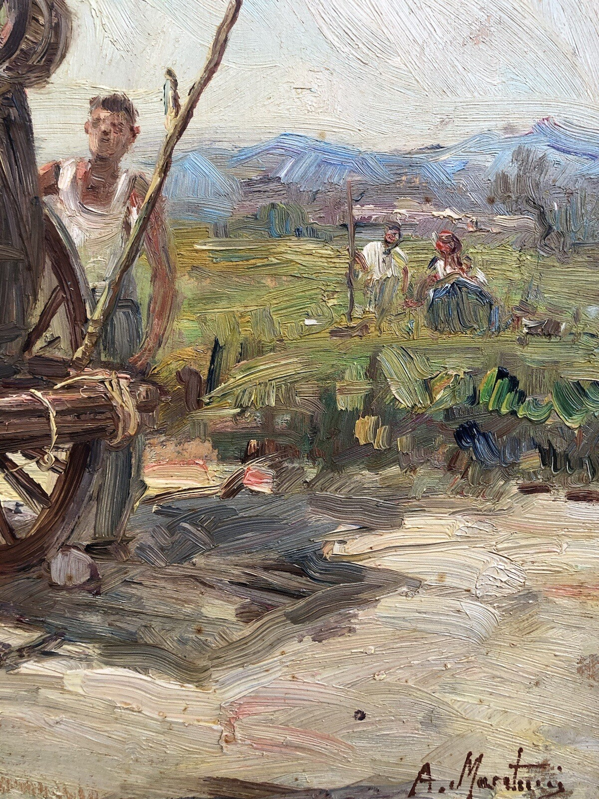 Quadro vintage -Paesaggio Con Carretto- dipinto a olio su tavoletta