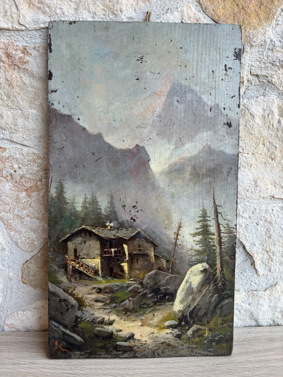 Quadro antico -Paesaggio Alpino- dipinto a olio su tavola