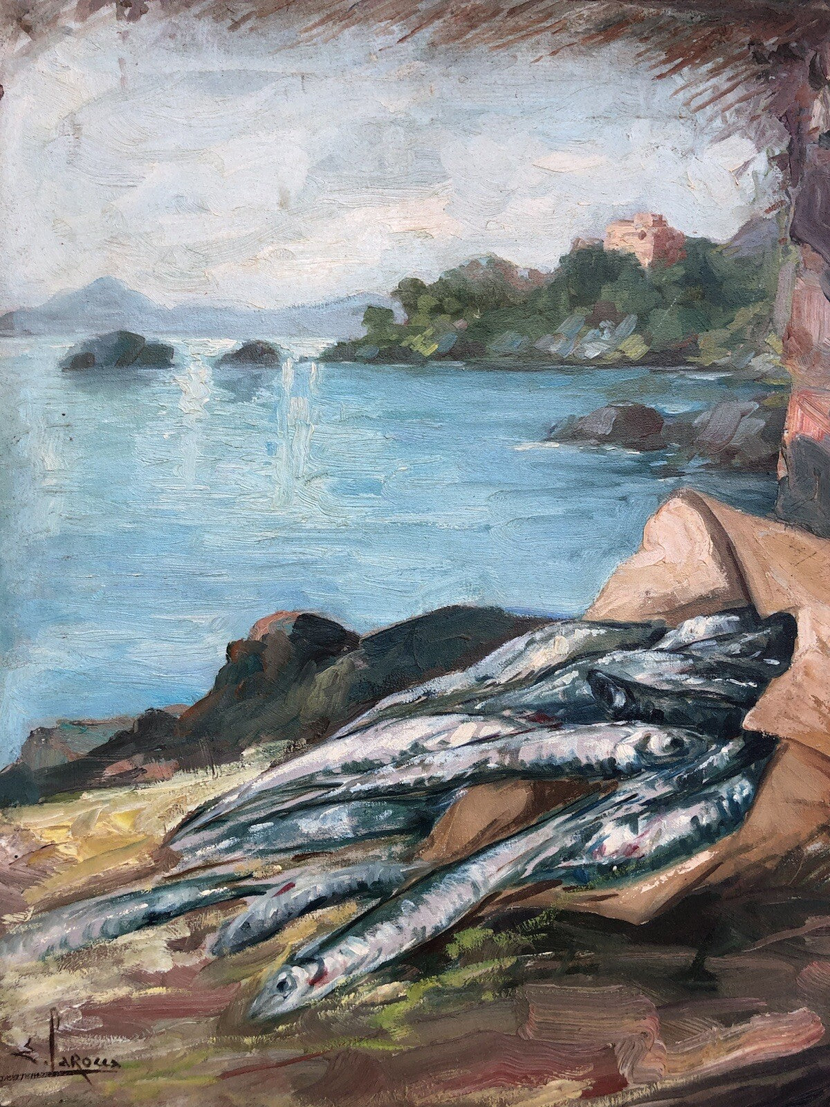 Quadro vintage -Paesaggio Con Natura Morta- dipinto a olio su tela