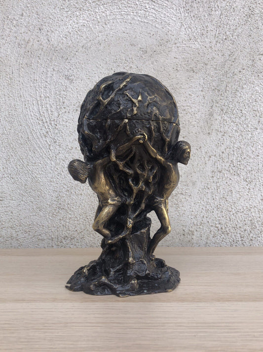 Scultura pisside in bronzo vintage, crocifissione Gesù Cristo