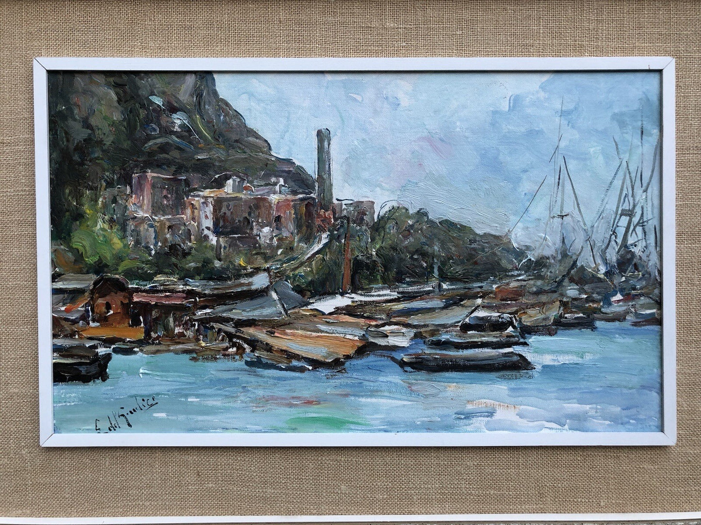 Quadro vintage -Marina Con Barche- dipinto a olio