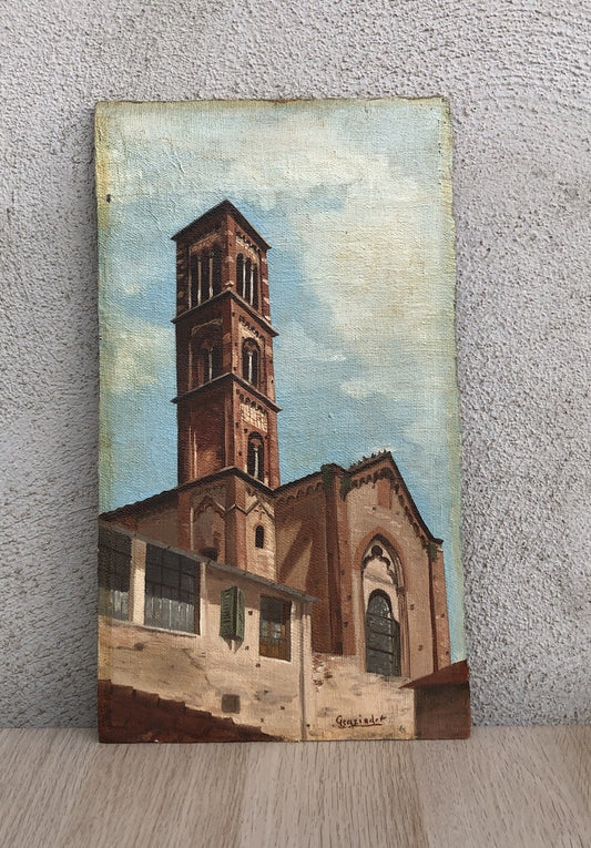 Quadro vintage -Campanile-dipinto a olio