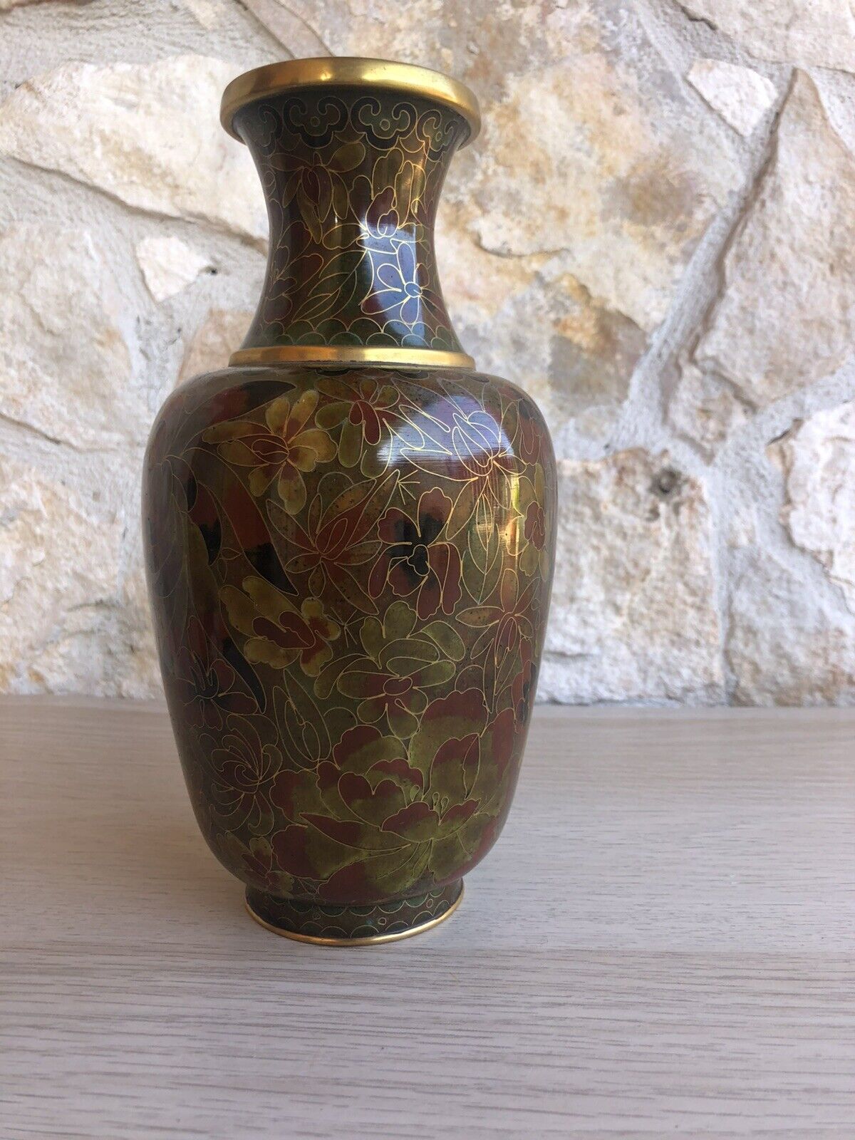 Vaso Vintage In Ottone E Cloisonne Cinese