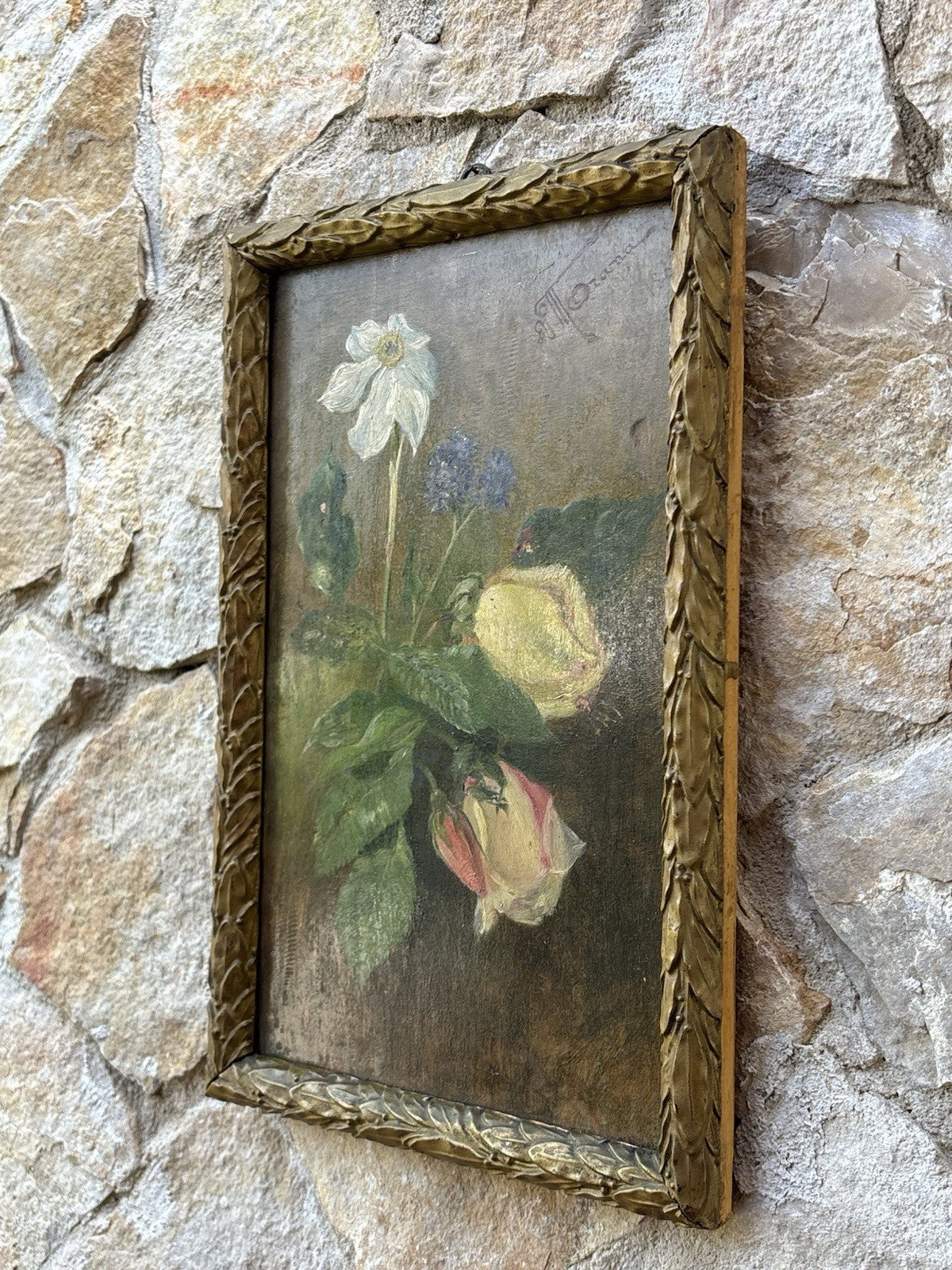 Quadro antico -Fiori- dipinto a olio su tavola