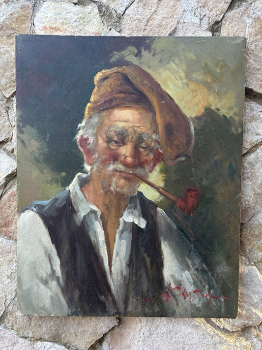 Quadro -Anziano Con Pipa- Angelo Sansone- dipinto a olio su tela