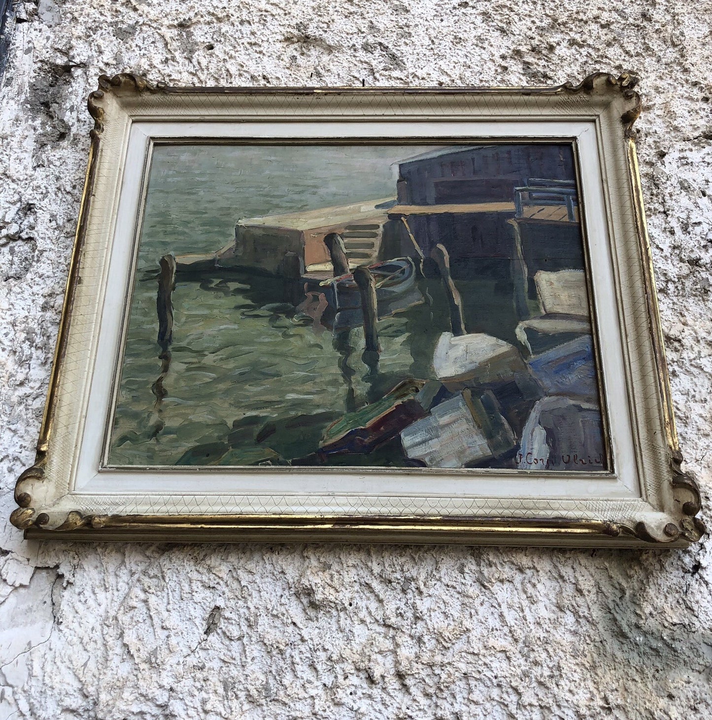 Quadro vintage francese -Barca Al Molo- dipinto a olio su tavoletta