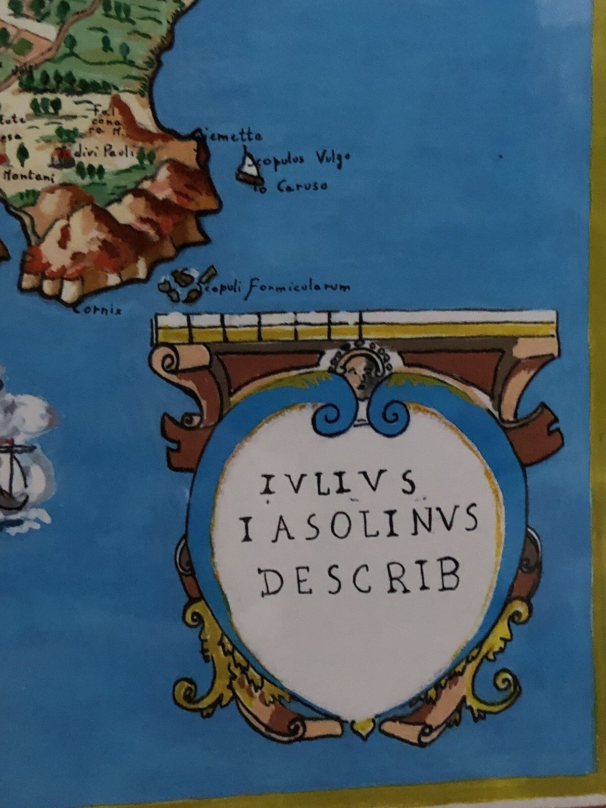 Mappa Vintage -Ischia Aenaria Antica- Dipinta Ad Acquerello E Tempera Su Carta