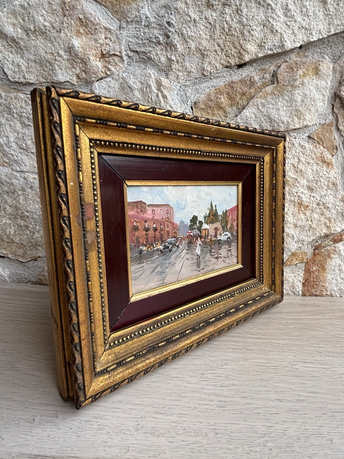 Quadro miniatura -Strada Con Figure- dipinto a olio su tavoletta