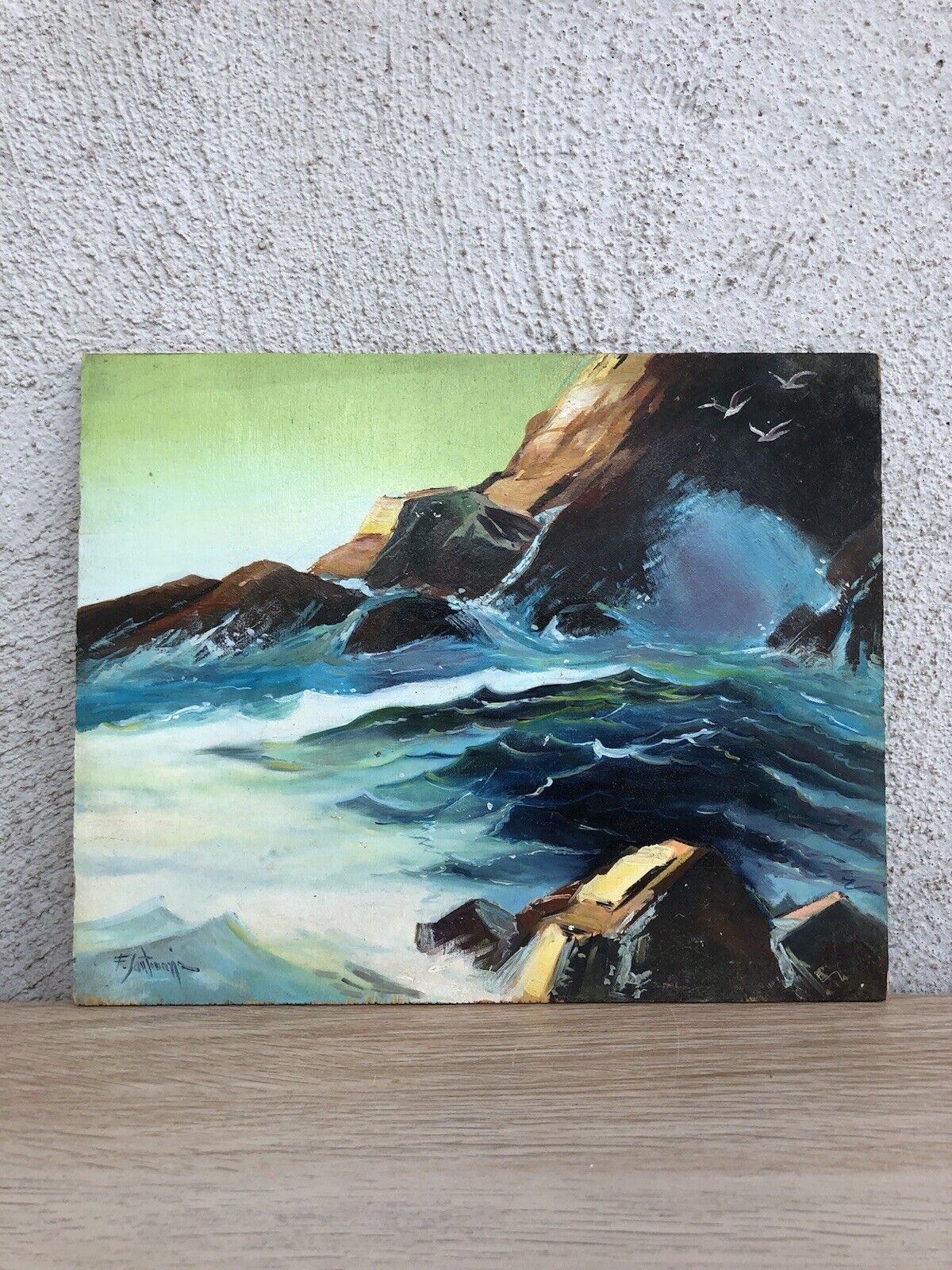 Quadro vintage -Mareggiata- dipinto a olio su tavola