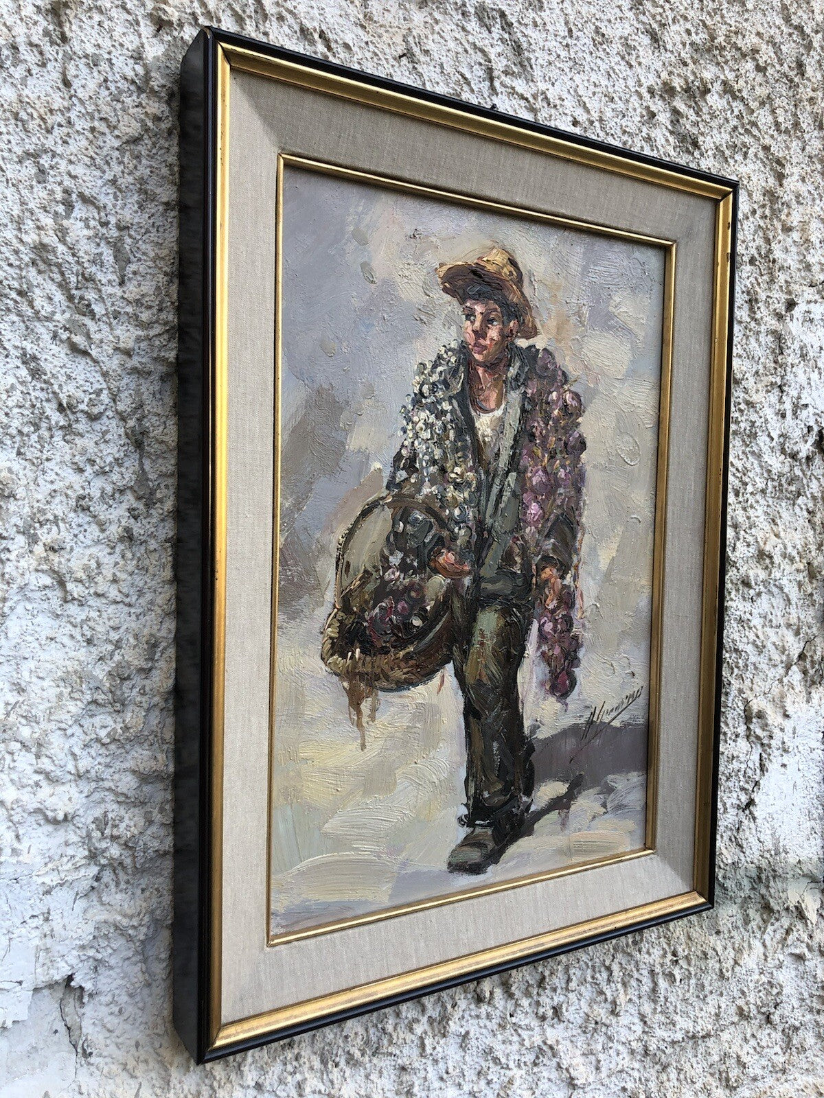 Quadro vintage -Ragazzo Con Cipolle- dipinto a olio su tavoletta