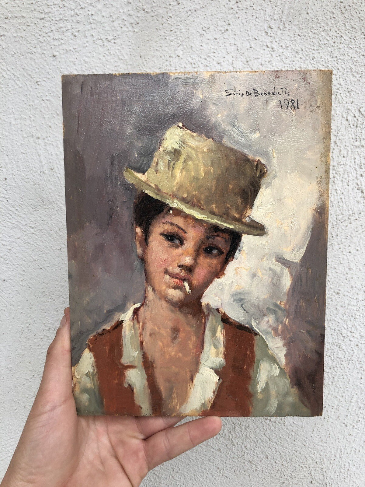 Quadro vintage -Scugnizzo Con Sigaretta- dipinto a olio su tavoletta