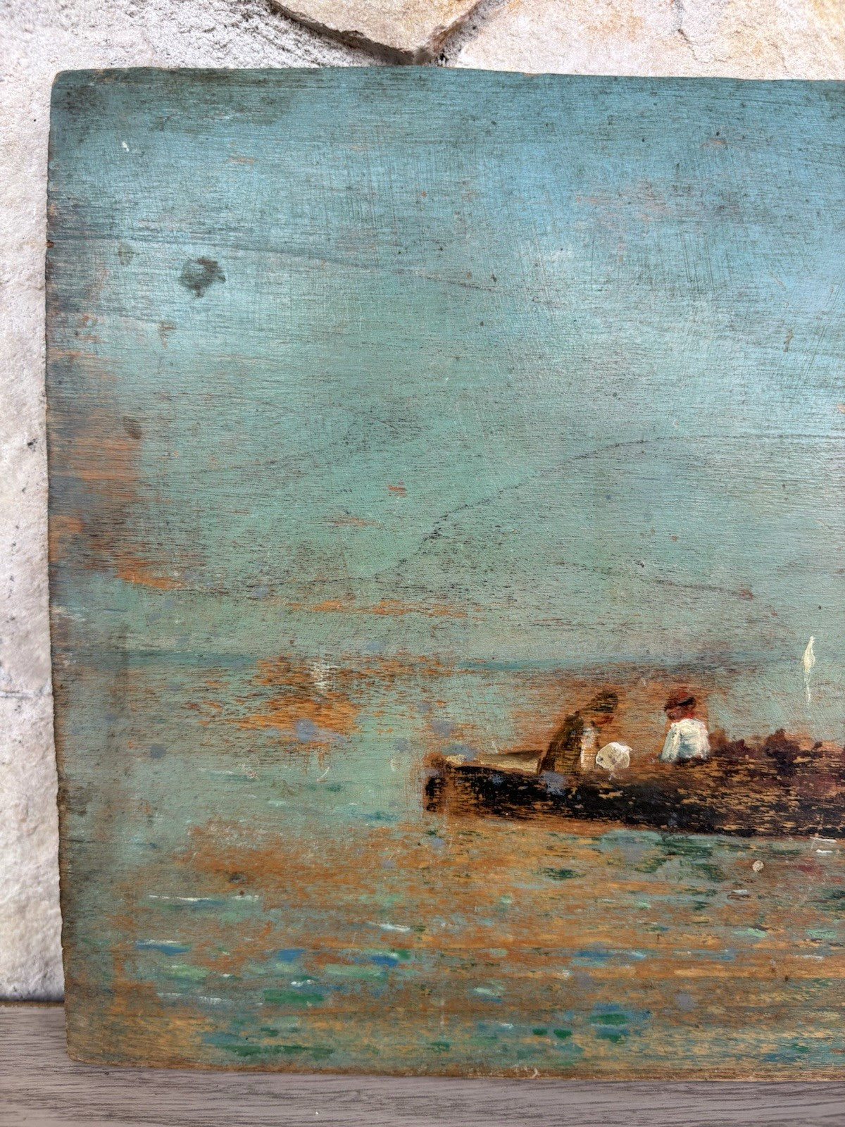 Quadro antico -Marina Con Barche- dipinto a olio su tavola