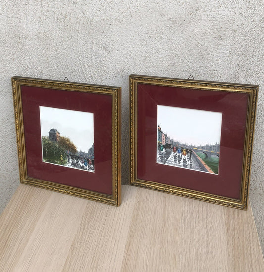 Coppia Di Quadri Vintage Dipinti Su Mattonella