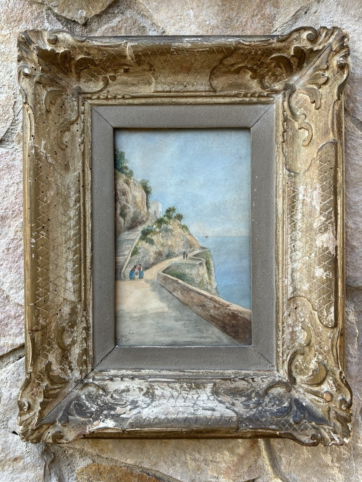 Coppia di quadri antichi -Paesaggi Napoli- realizzati ad acquerello su carta