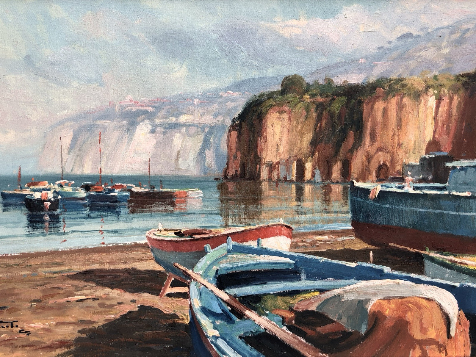 Quadro -Marina Con Barche- dipinto a olio su tela