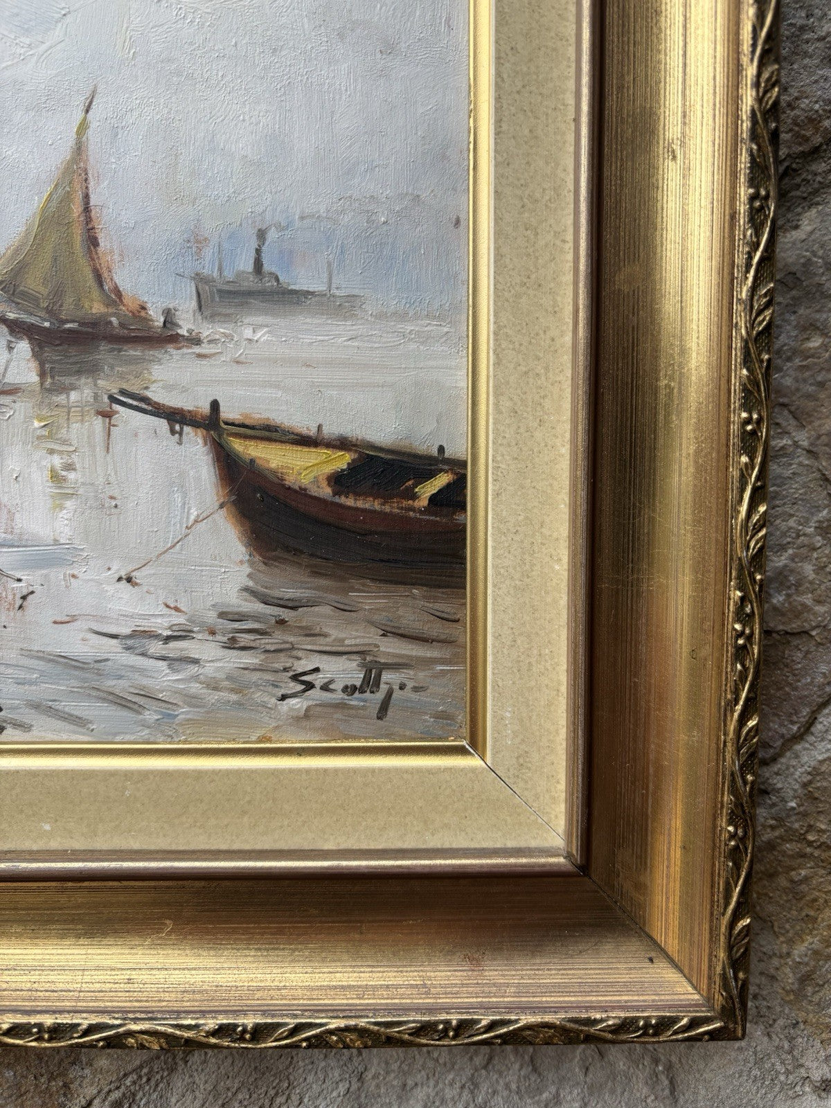 Quadro -Marina Con Barche- dipinto a olio