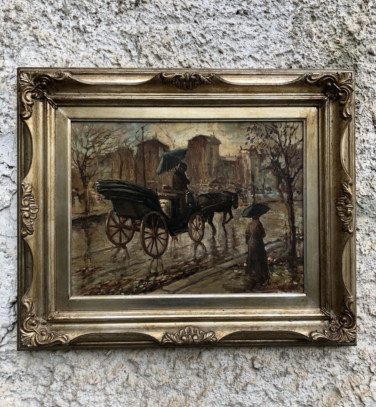 Quadro vintage -Carrozza Con Figure- dipinto a olio su tavoletta