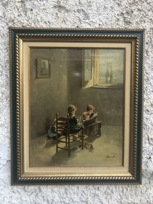 Quadro -Fanciulli In Lettura- dipinto a olio su tela