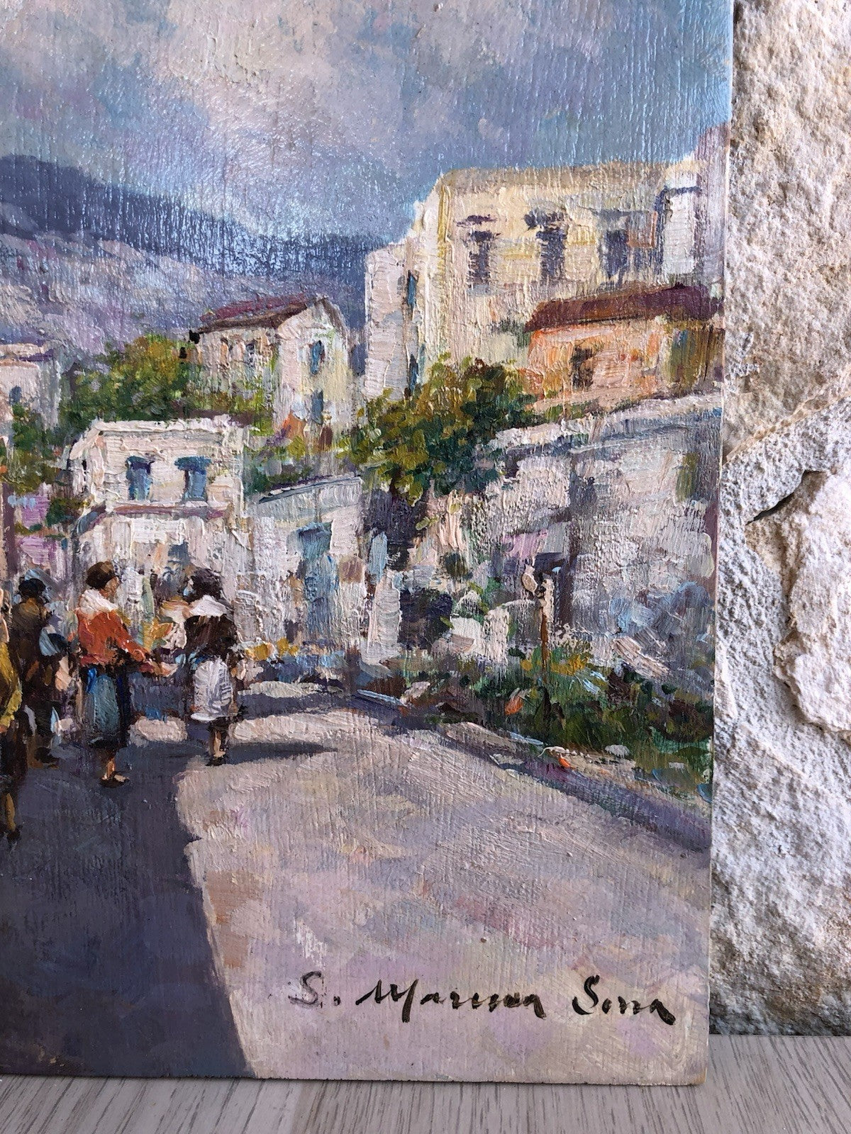 Quadro -Paesaggio Con Figure- dipinto a olio su tavoletta