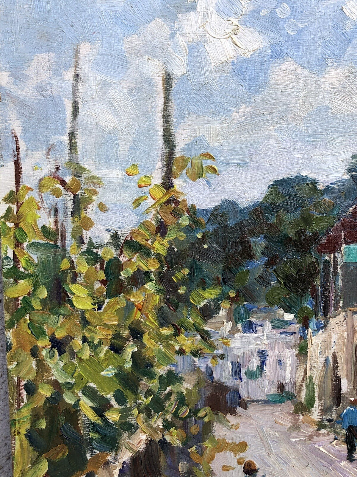 Quadro vintage -Paesaggio Con Case- dipinto a olio su tavoletta