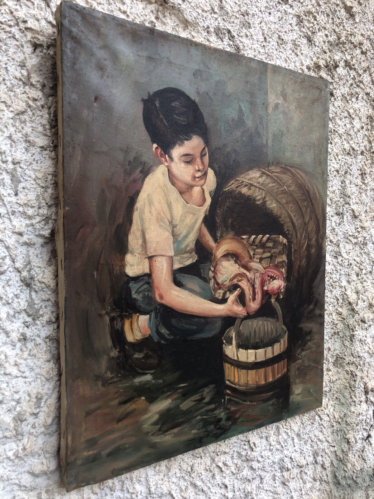 Quadro vintage -Pescivendolo- dipinto a olio su tela