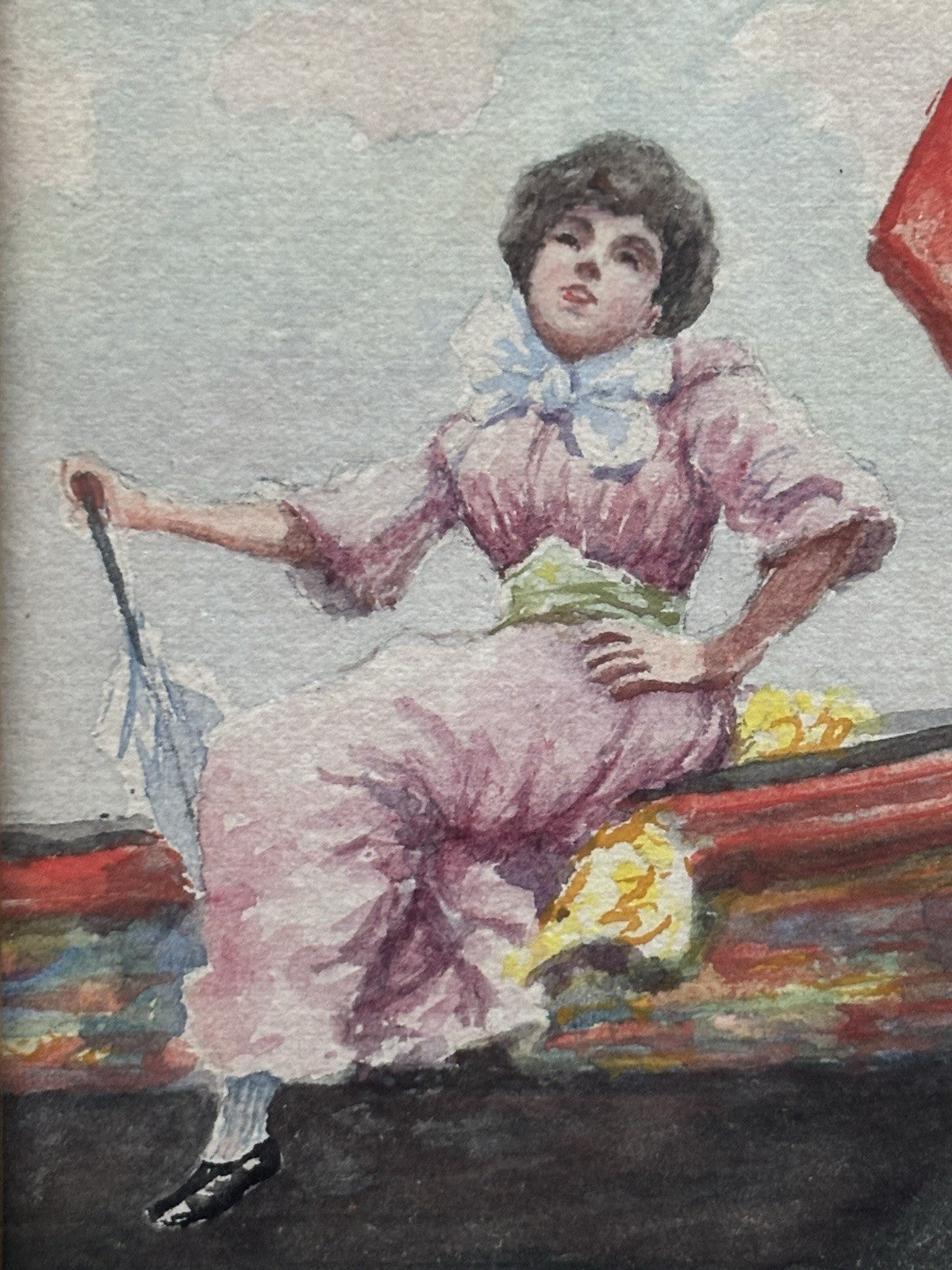 Piccolo quadro miniatura -Donna Su Barca- realizzato ad acquerello su carta