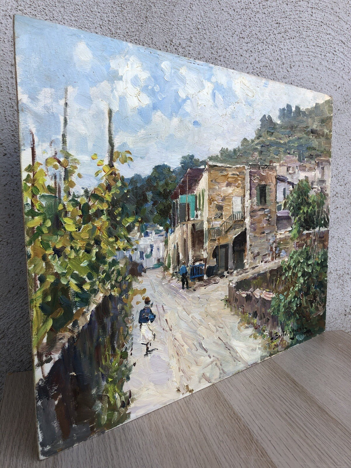 Quadro vintage -Paesaggio Con Case- dipinto a olio su tavoletta