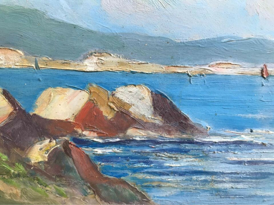 Antico quadro francese-Marina- dipinto a olio su masonite