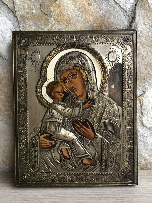 Icona Religiosa Russa Dipinta Vintage, Madonna Di Vladimir