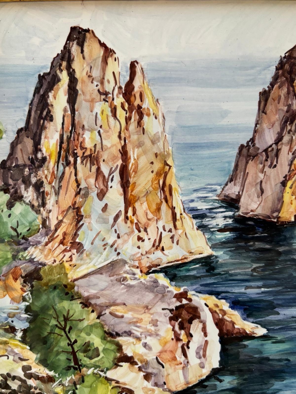 Quadro -Capri, I Faraglioni- dipinto su mattonella